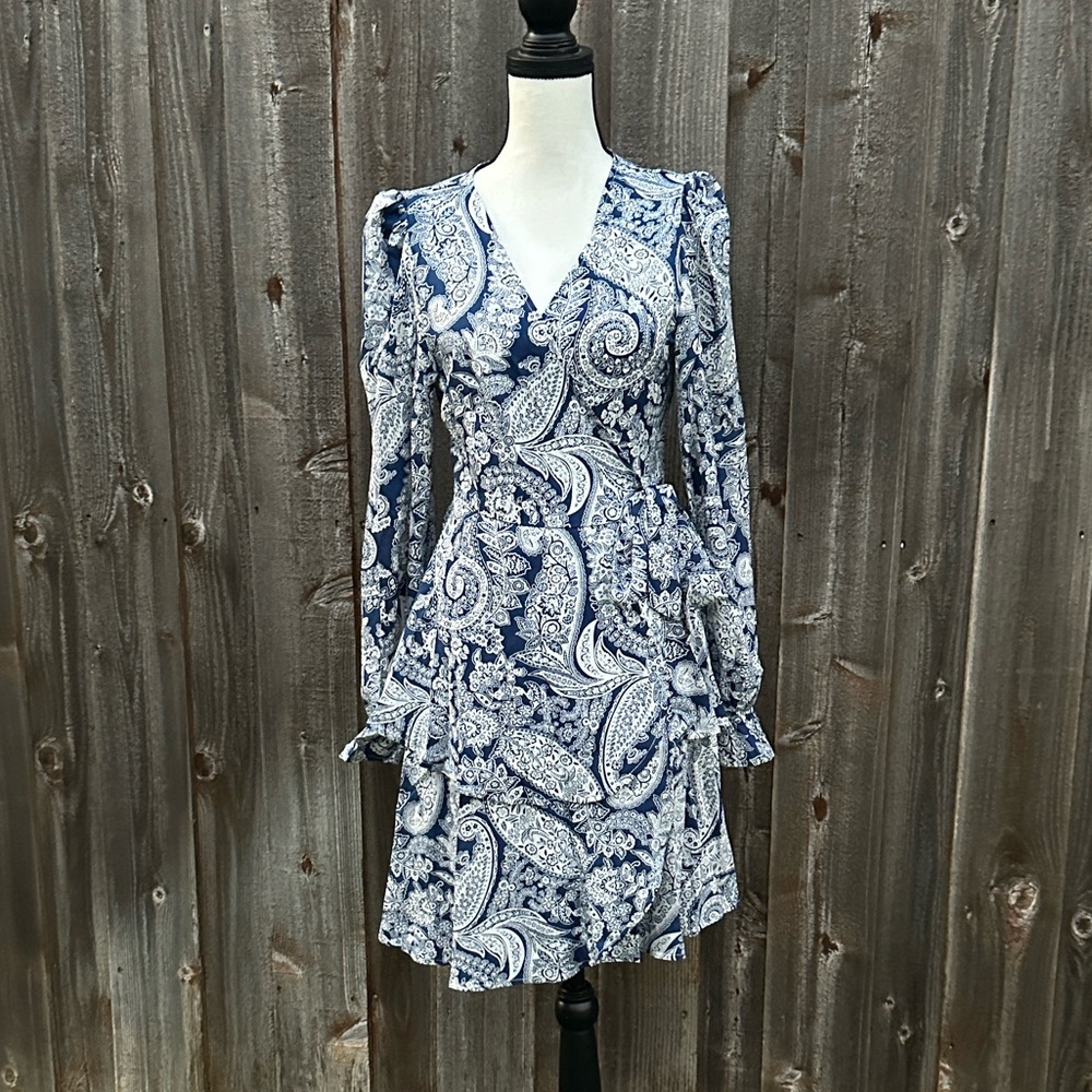 Elegant Blue Paisley Wrap Dress